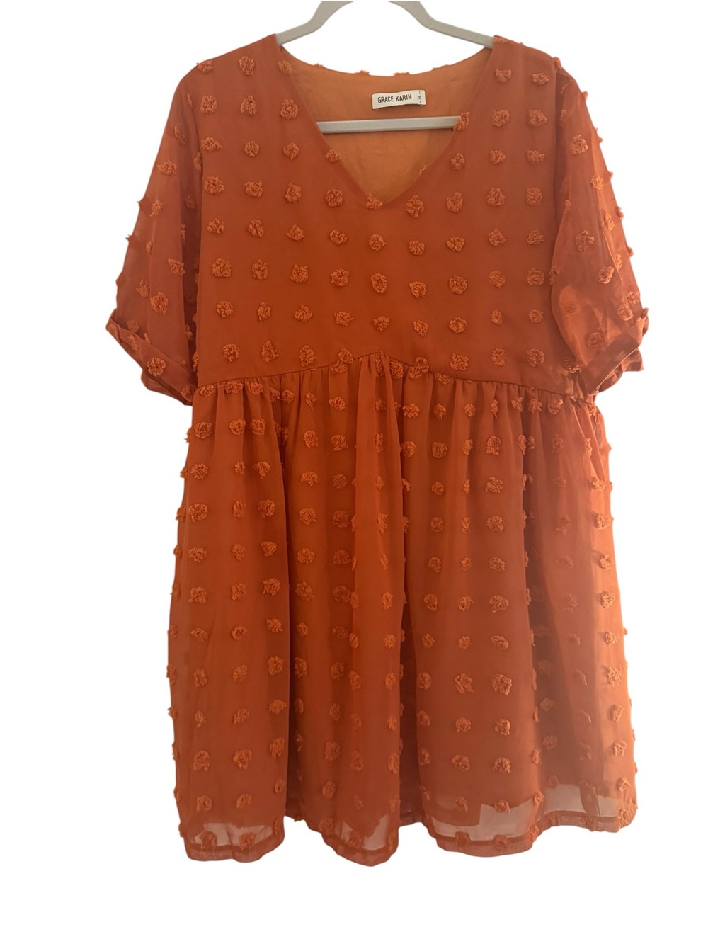GRACE KARIN burnt Orange Swiss Dot Babydoll Mini Dress XL Cottagecore Fall